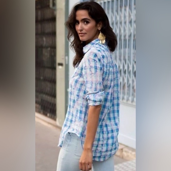 Anthropologie Tops - Anthropologie Pilcro Letterpress Cate Blue Neon Tie-Dye Plaid Button-Down Shirt